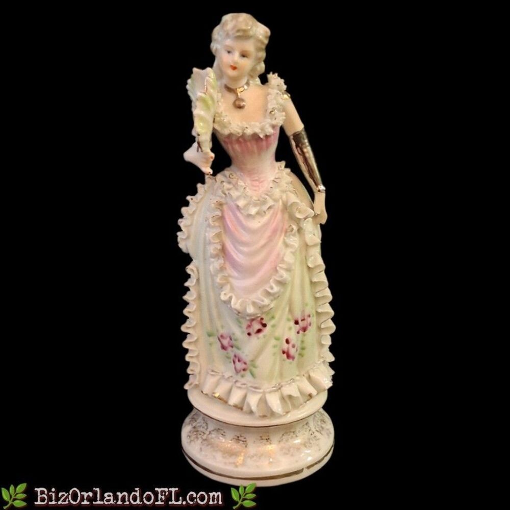 VINTAGE: Victorian Woman Ruffled Floral Dress Fan Figurine 8.5” Wales Japan